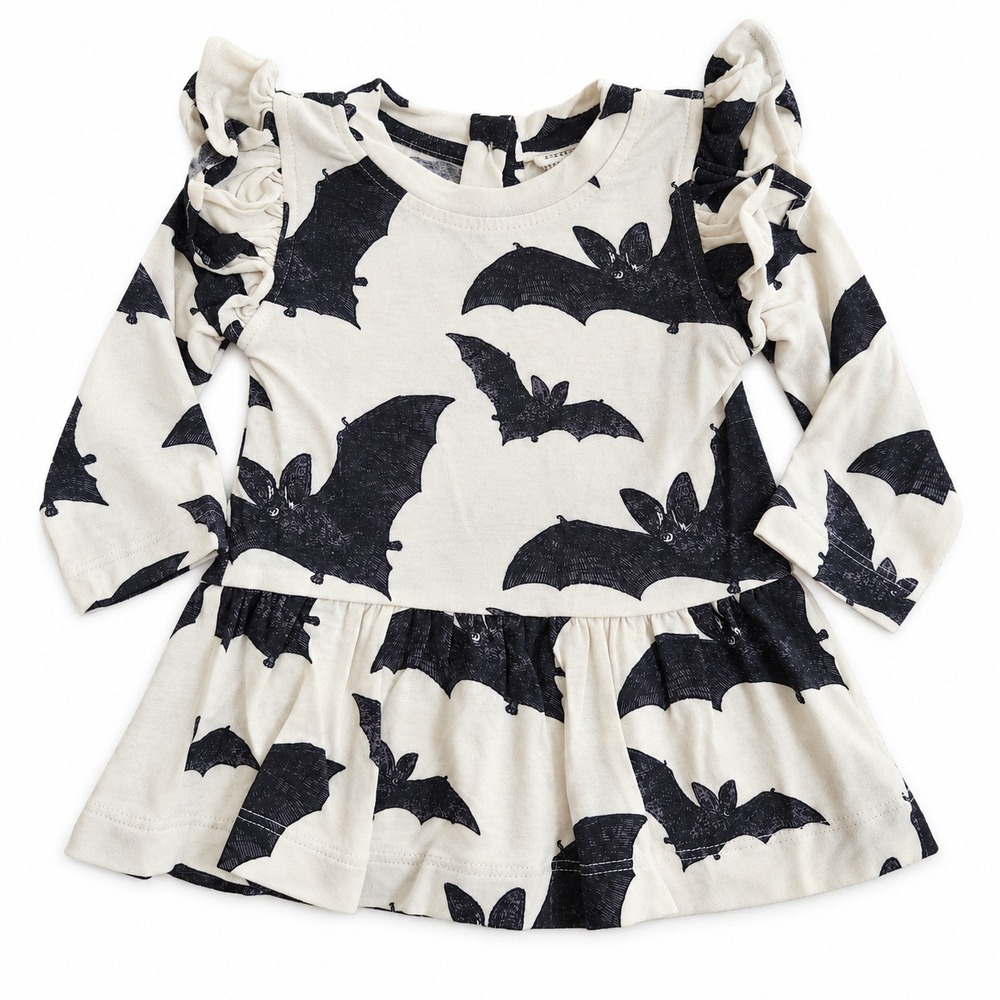 Kate Quinn Baby Bat Halloween Ruffle Shoulder Modal Dress Cream Black 6-12M